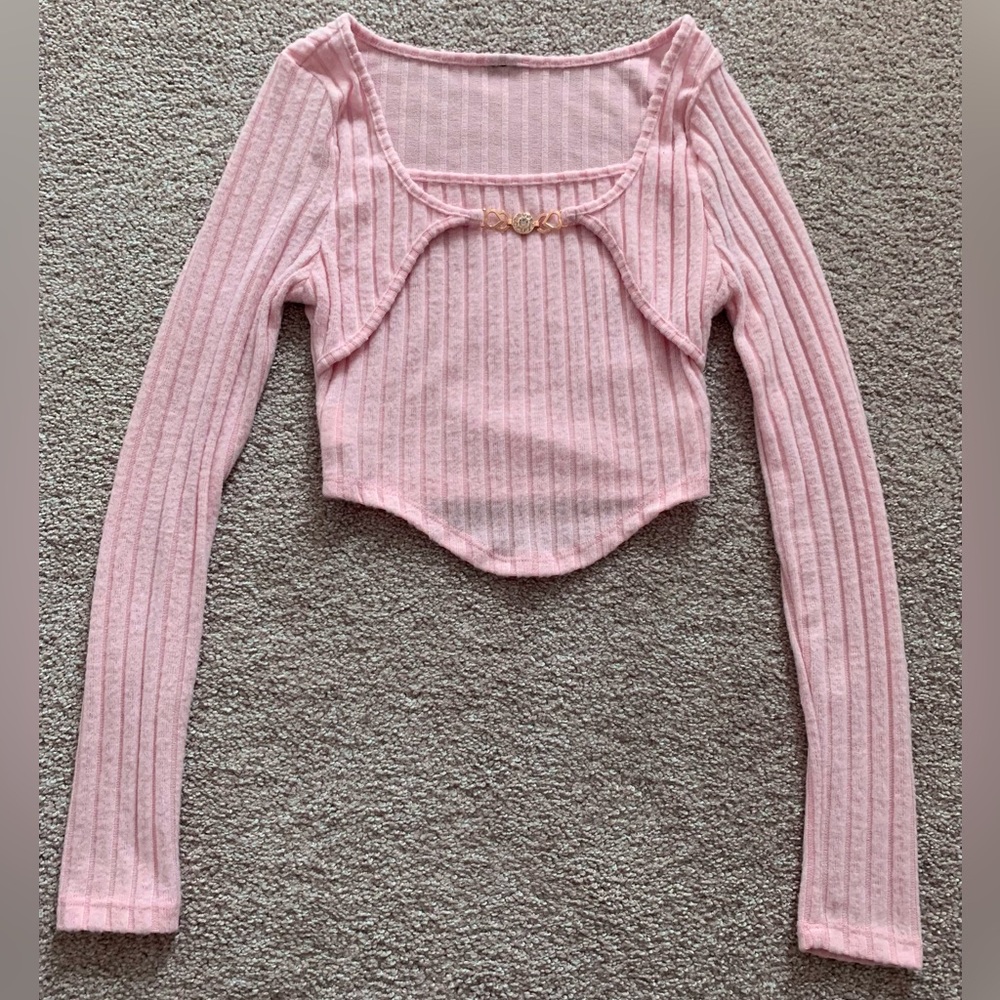 Soft Striped Rhinestone Pink Cropped Longsleeve
